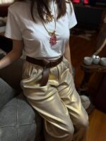 Aurora Gold Parlak Kemer Detaylı İthal Pantolon