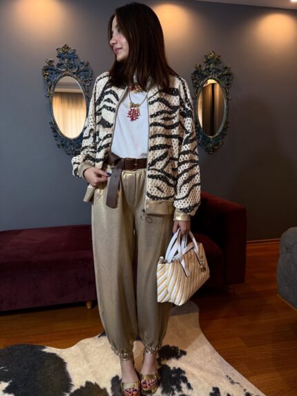 Aurora Gold Parlak Kemer Detaylı İthal Pantolon